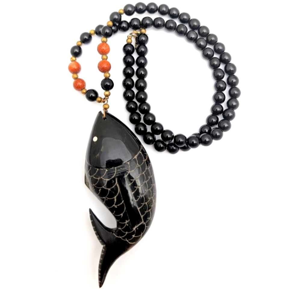 Carved Ebony Koi Fish Pendant Necklace With Onyx And Goldstone Gemstone Beads